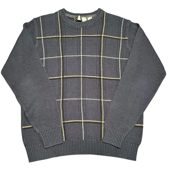 Oscar de la Renta Blue/Yellow/White Windowpane Front Crewneck Sweater Size L - Picture 1 of 6